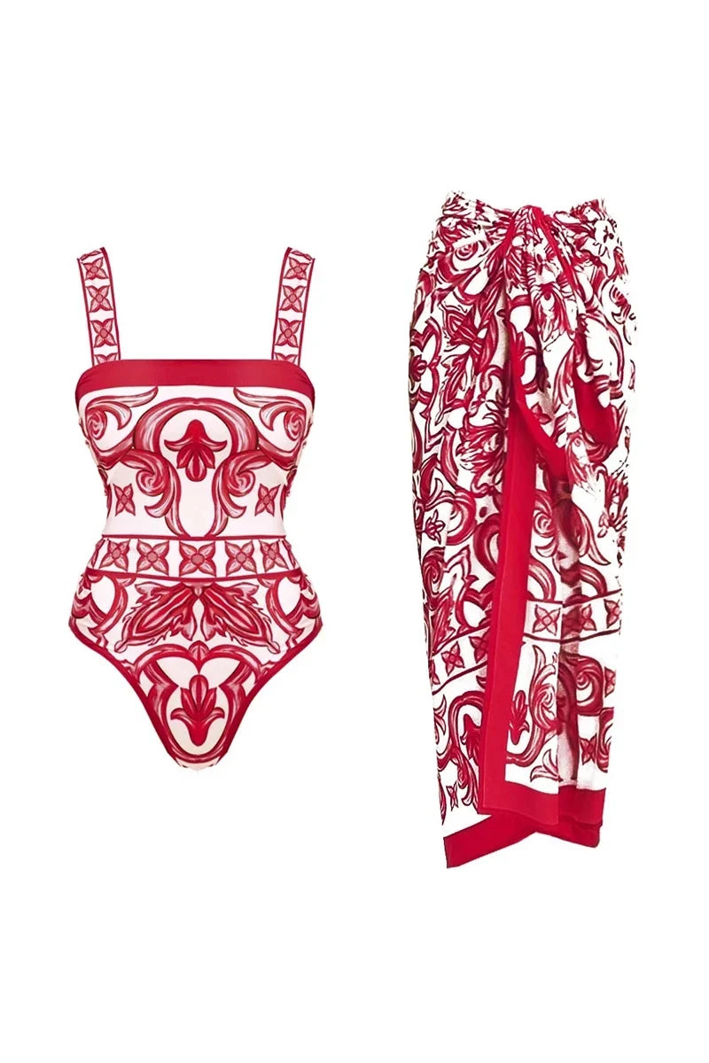 Ethnic Print One-Piece Swimwear Set