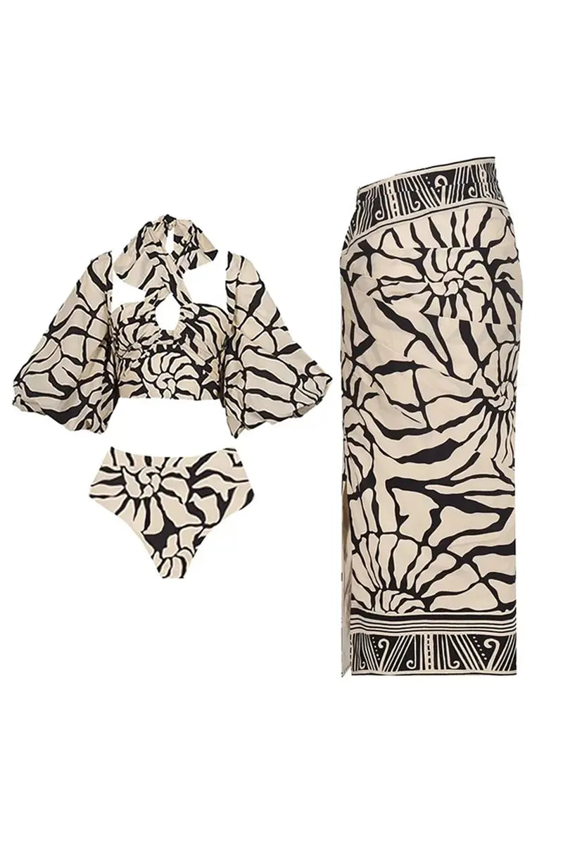 Halter Patterned Swimwear Set with Detachable Sleeves