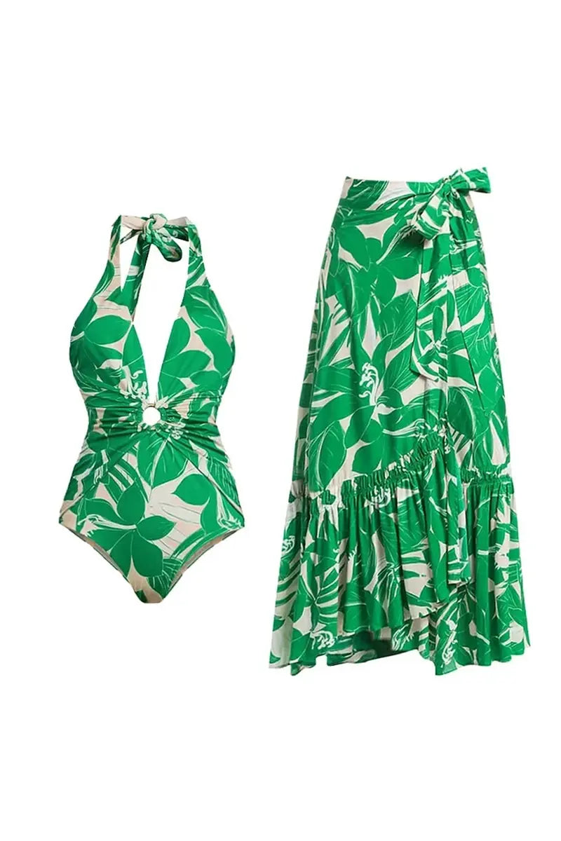 Green Halter Deep V One-Piece Swimwear Set