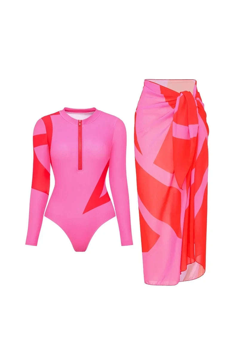 Colorblock Long Sleeve Surf Swimwear Set