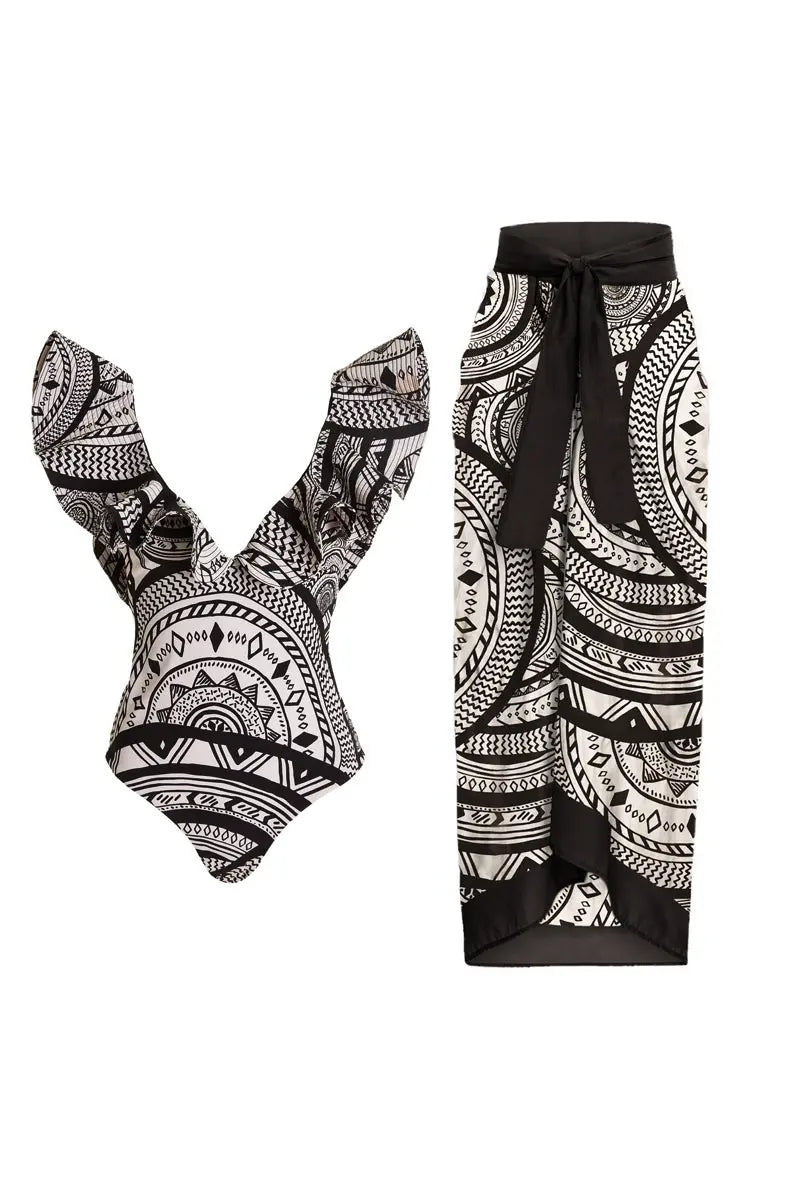 Deep V Ruffled Retro Print Swimsuit