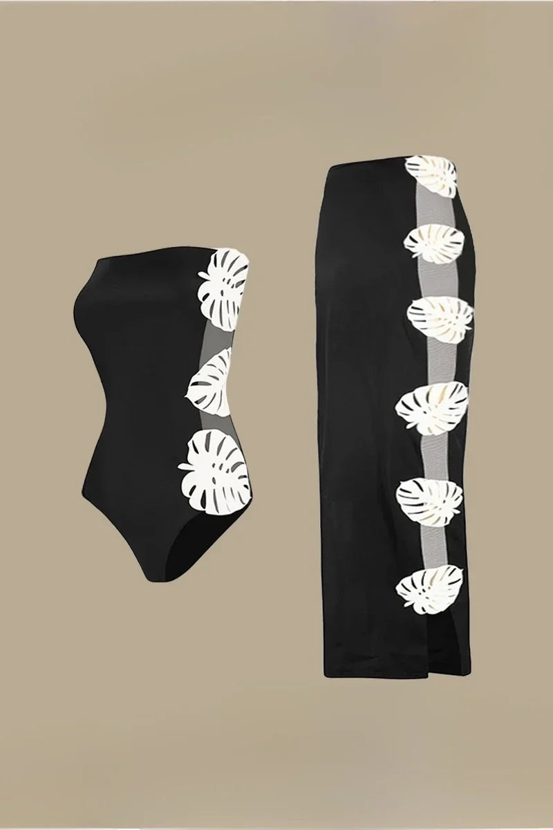 Leaf Patchwork Cut-Out Strapless Swimsuit