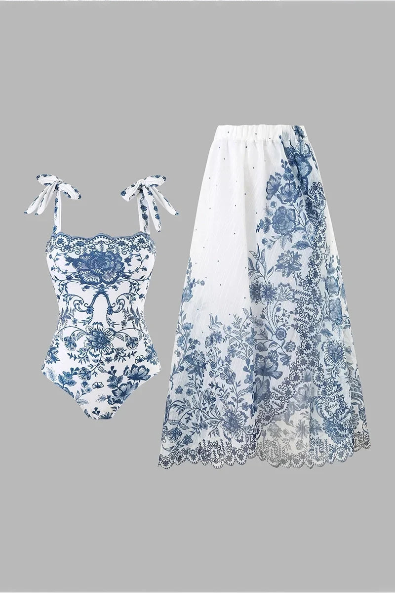 Flower Bow Tie One-Piece Swimwear Set
