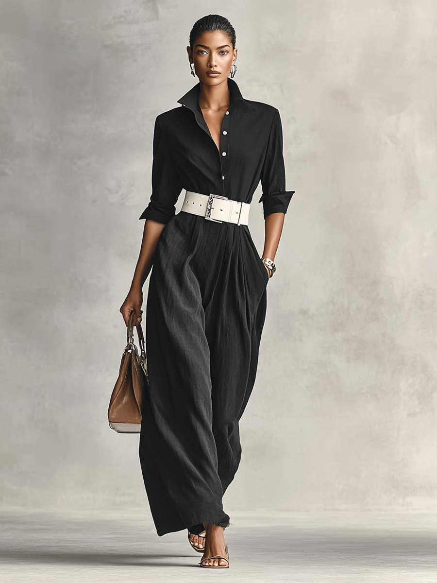 Modern Women's Lapel Single Breasted Long Sleeve Belted Jumpsuit