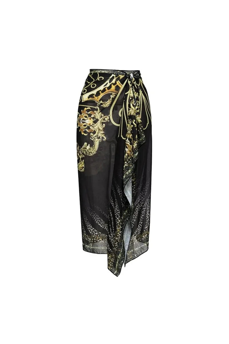 Black Gold Print Ruffled Tie Swimwear Set