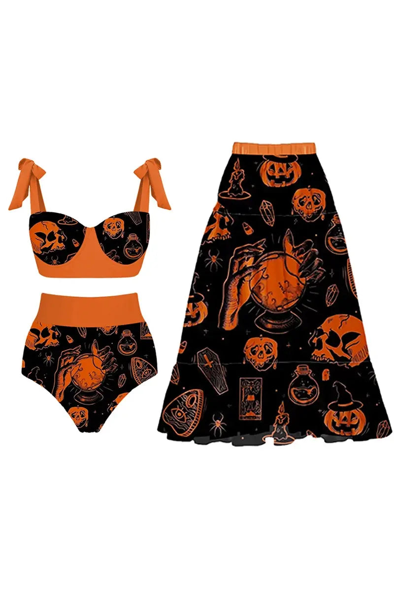 Halloween Pumpkin Skull Print Two-Piece Bikini