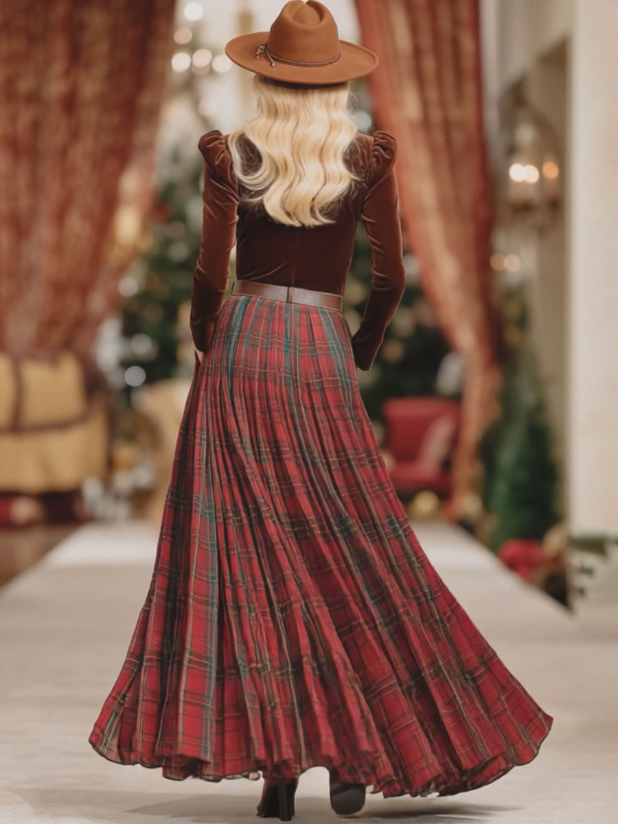 Coordinated V-Neck Lace Long-sleeved T-shirt And Red Plaid Skirt Set