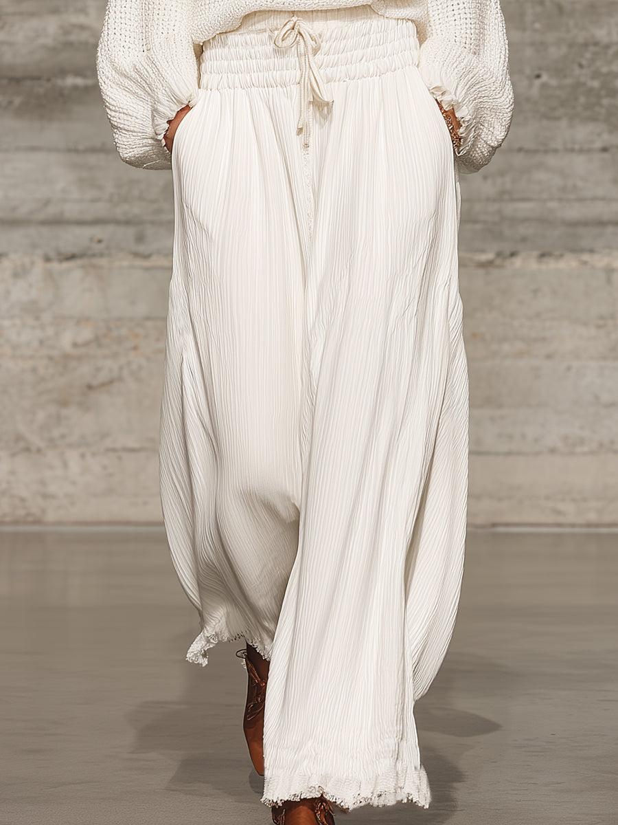 Retro Relaxed White Elastic Waist Wide-Leg Trousers