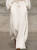 Retro Relaxed White Elastic Waist Wide-Leg Trousers