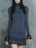 Retro High-neck Lace Cuffs And Pleated Hem Knitted Mini-Length Dress