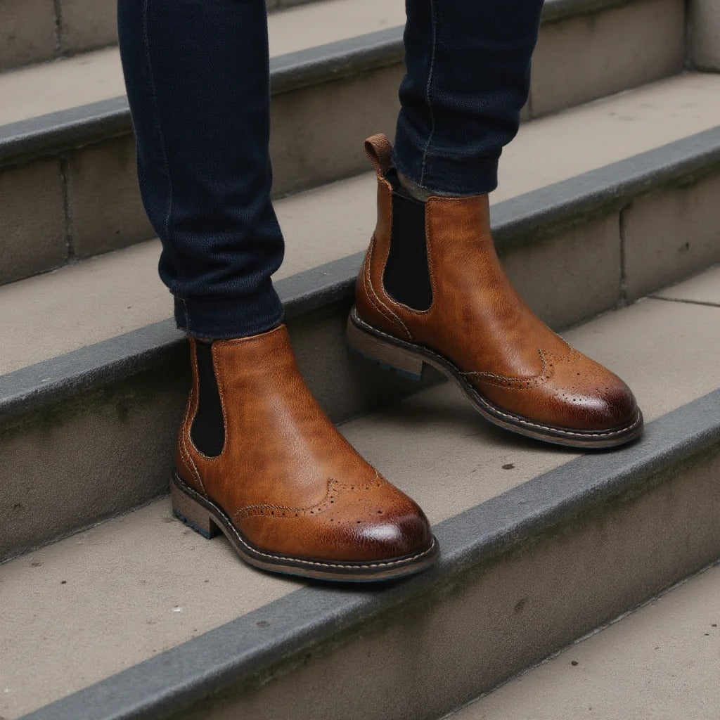 Burnished Leather Brogue Boots with Wingtip Brogue Detail