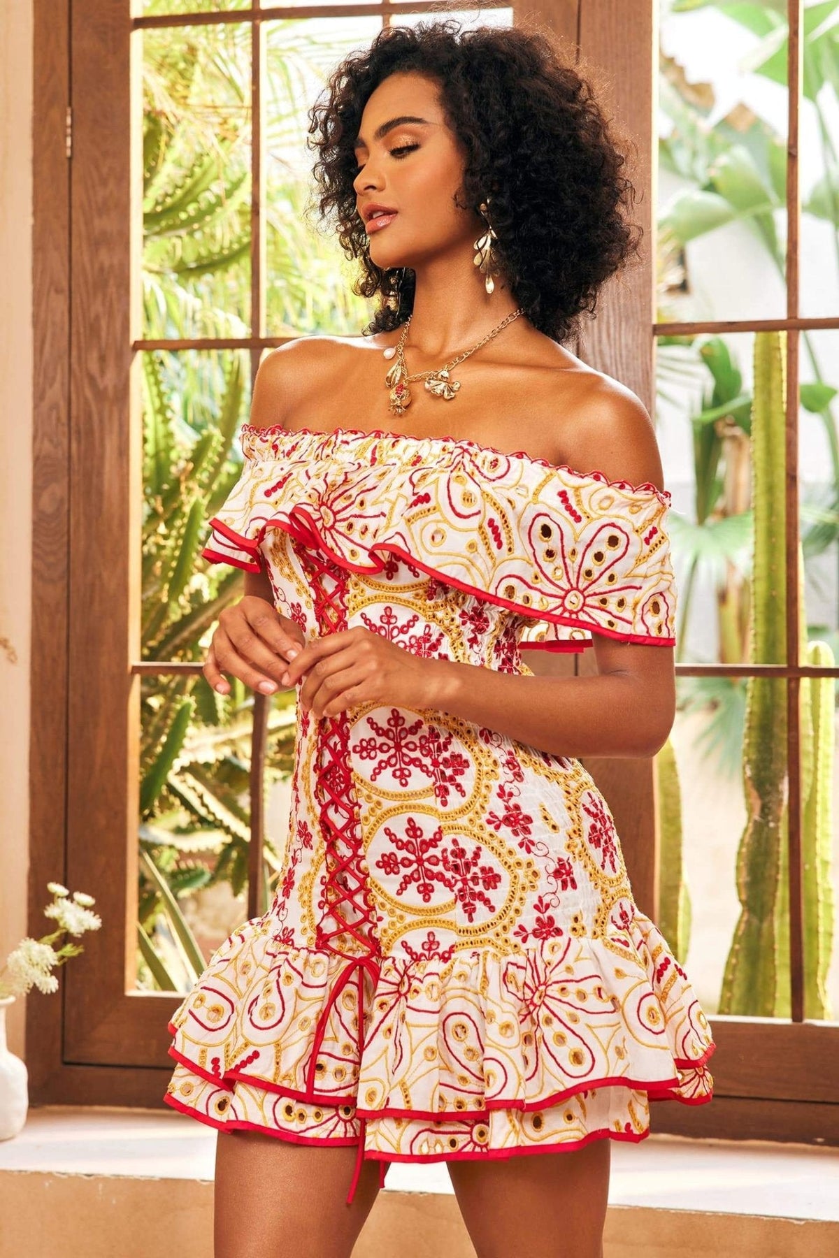 Fiona Patterned Embroidered Off-shoulder Mini-Length Dress