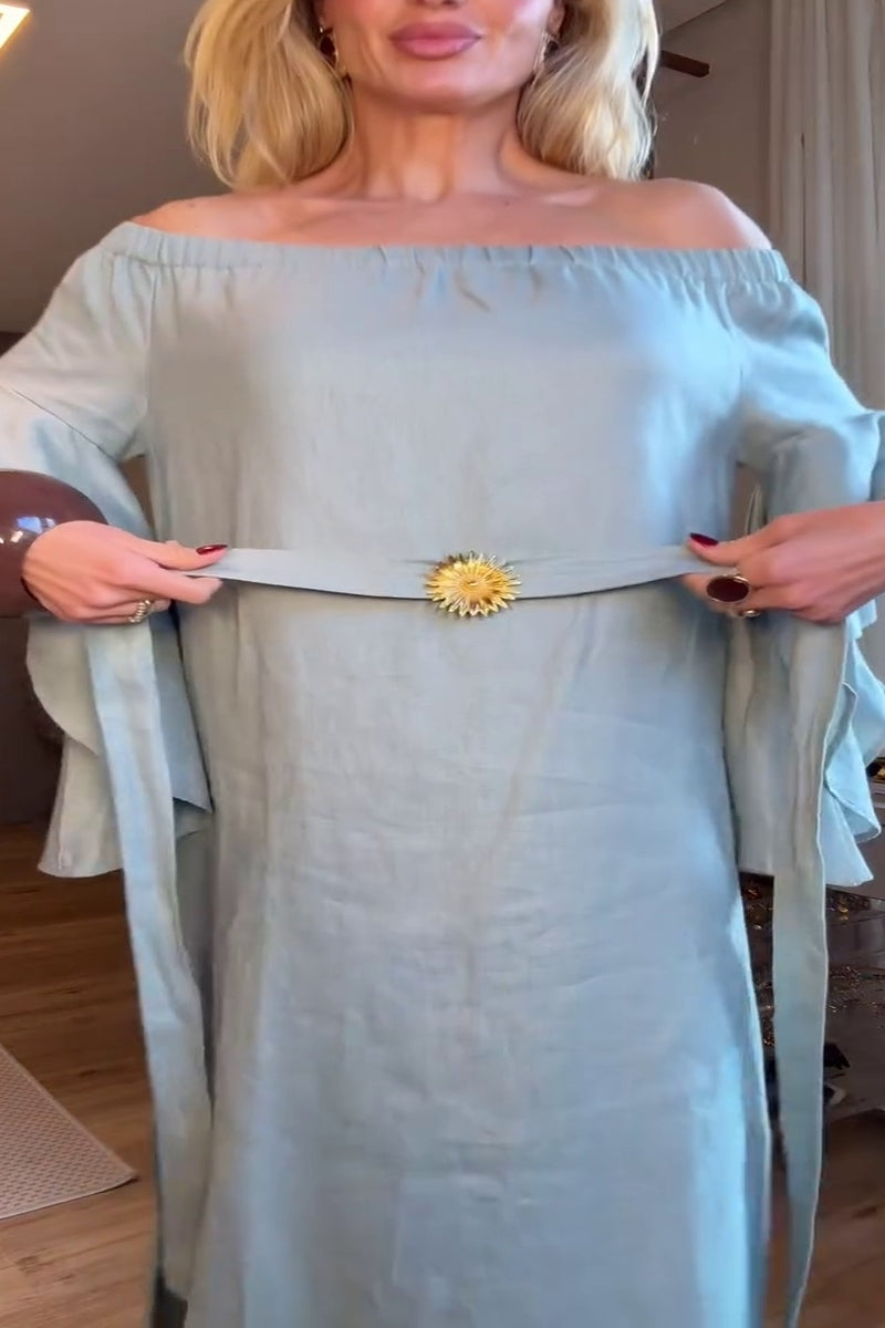 Soft Blue Off-Shoulder Maxi-Length Dress with Ruffled Sleeves