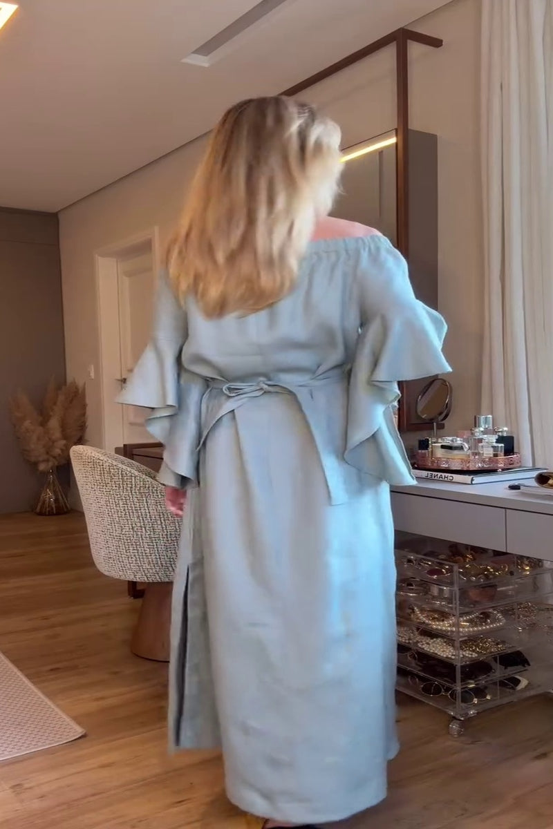 Soft Blue Off-Shoulder Maxi-Length Dress with Ruffled Sleeves