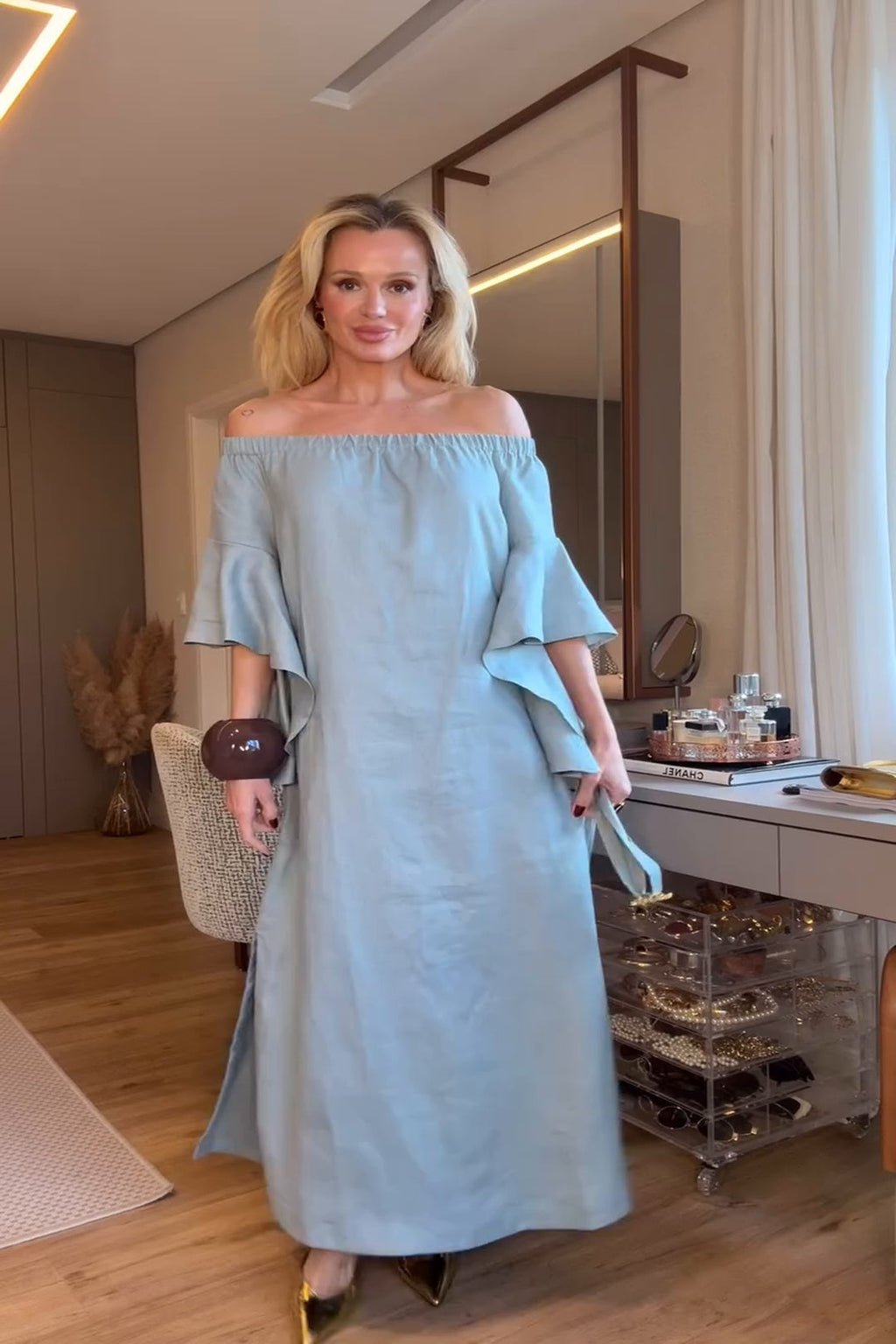 Soft Blue Off-Shoulder Maxi-Length Dress with Ruffled Sleeves