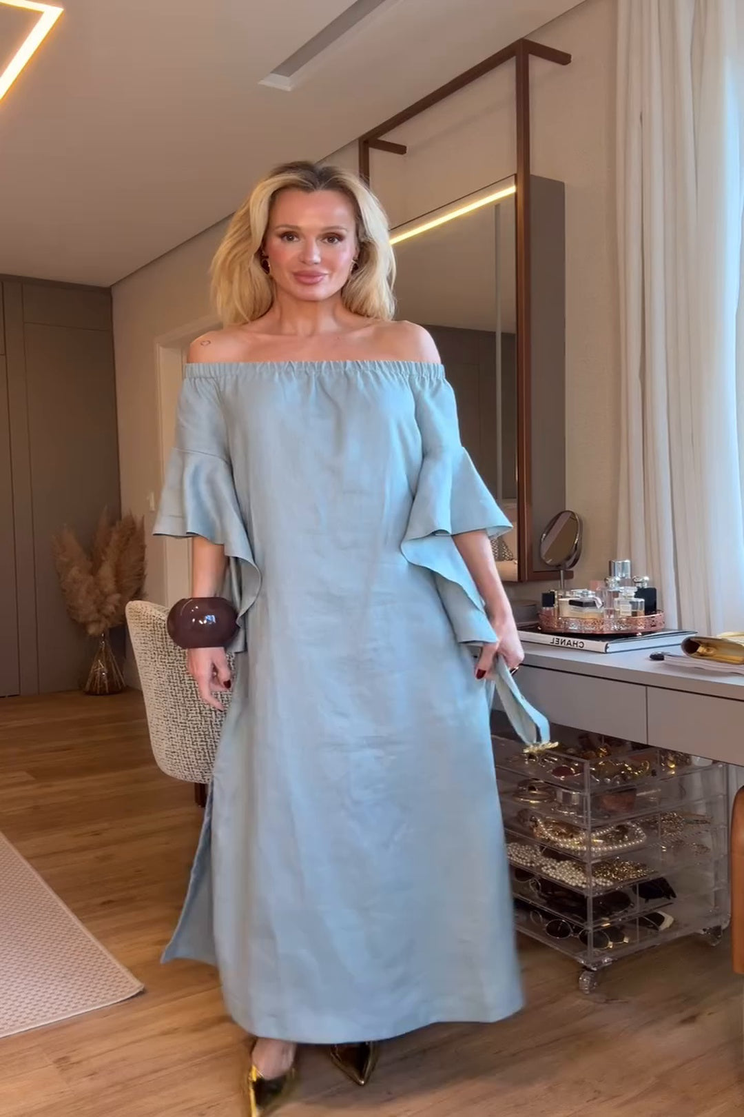 Soft Blue Off-Shoulder Maxi-Length Dress with Ruffled Sleeves