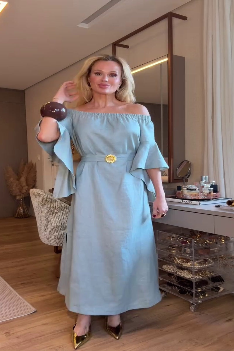 Soft Blue Off-Shoulder Maxi-Length Dress with Ruffled Sleeves