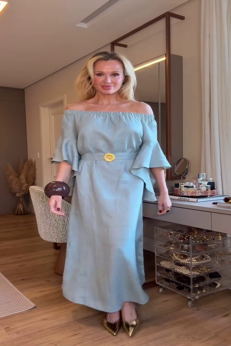 Soft Blue Off-Shoulder Maxi-Length Dress with Ruffled Sleeves