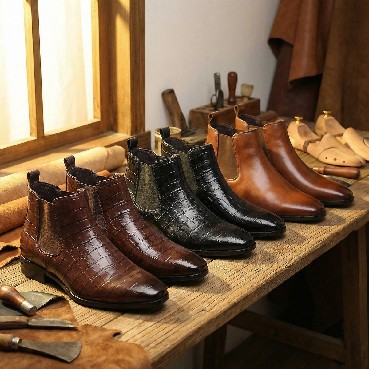 Polished Leather Chelsea Boots with Embossed Texture