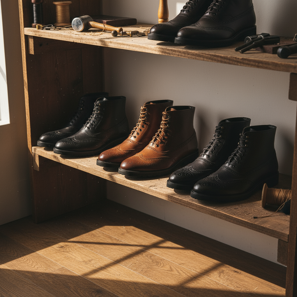 Full-Grain Leather Brogue Boots with Rubber Sole