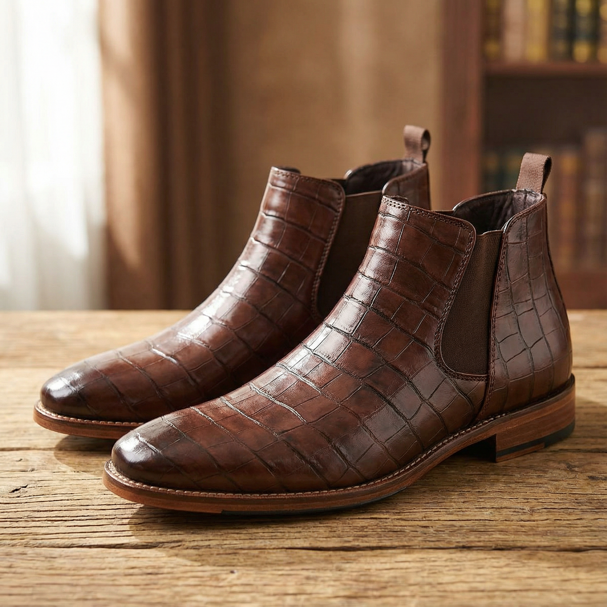 Polished Leather Chelsea Boots with Embossed Texture