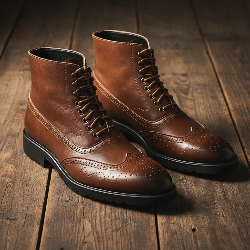 Full-Grain Leather Brogue Boots with Rubber Sole