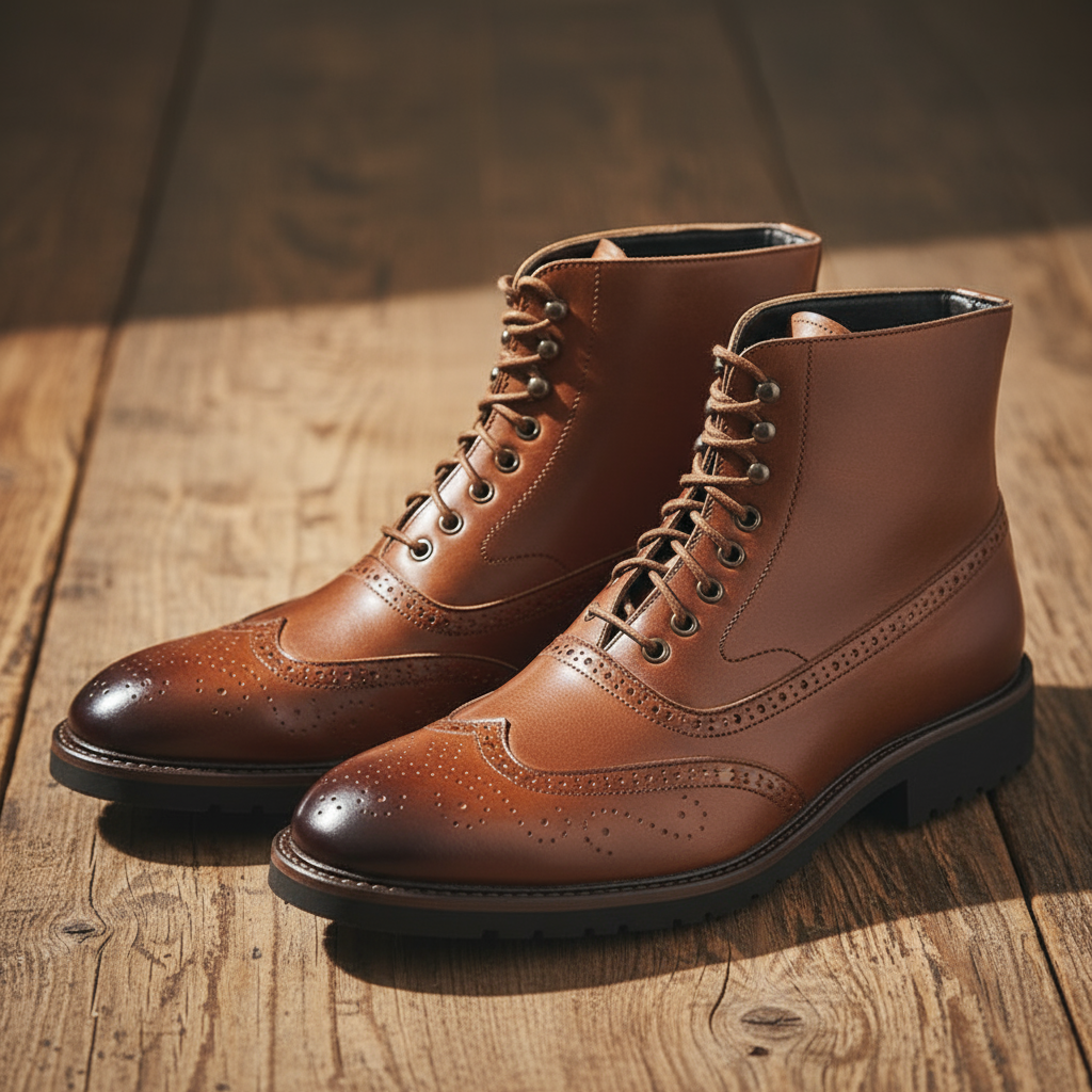 Full-Grain Leather Brogue Boots with Rubber Sole