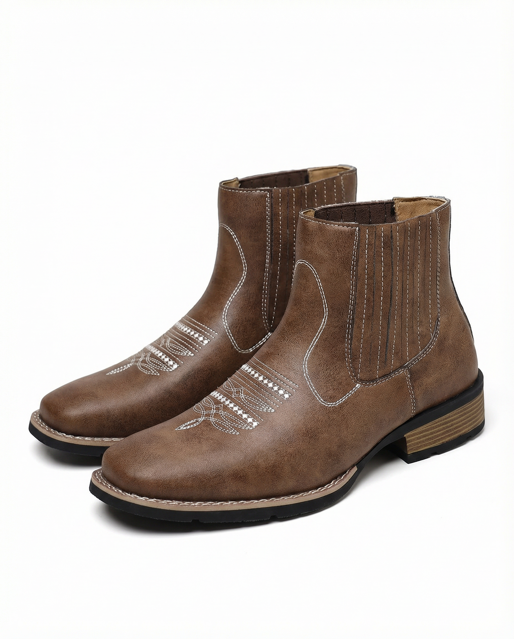Leather Chelsea Boots with Western Stitching and Stacked Heel