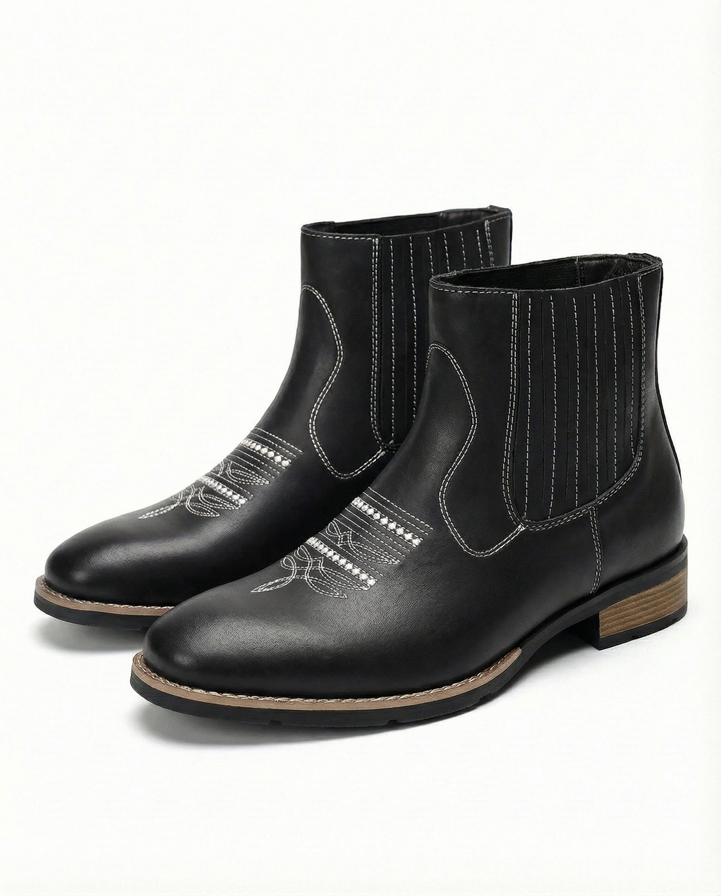 Leather Chelsea Boots with Western Stitching and Stacked Heel