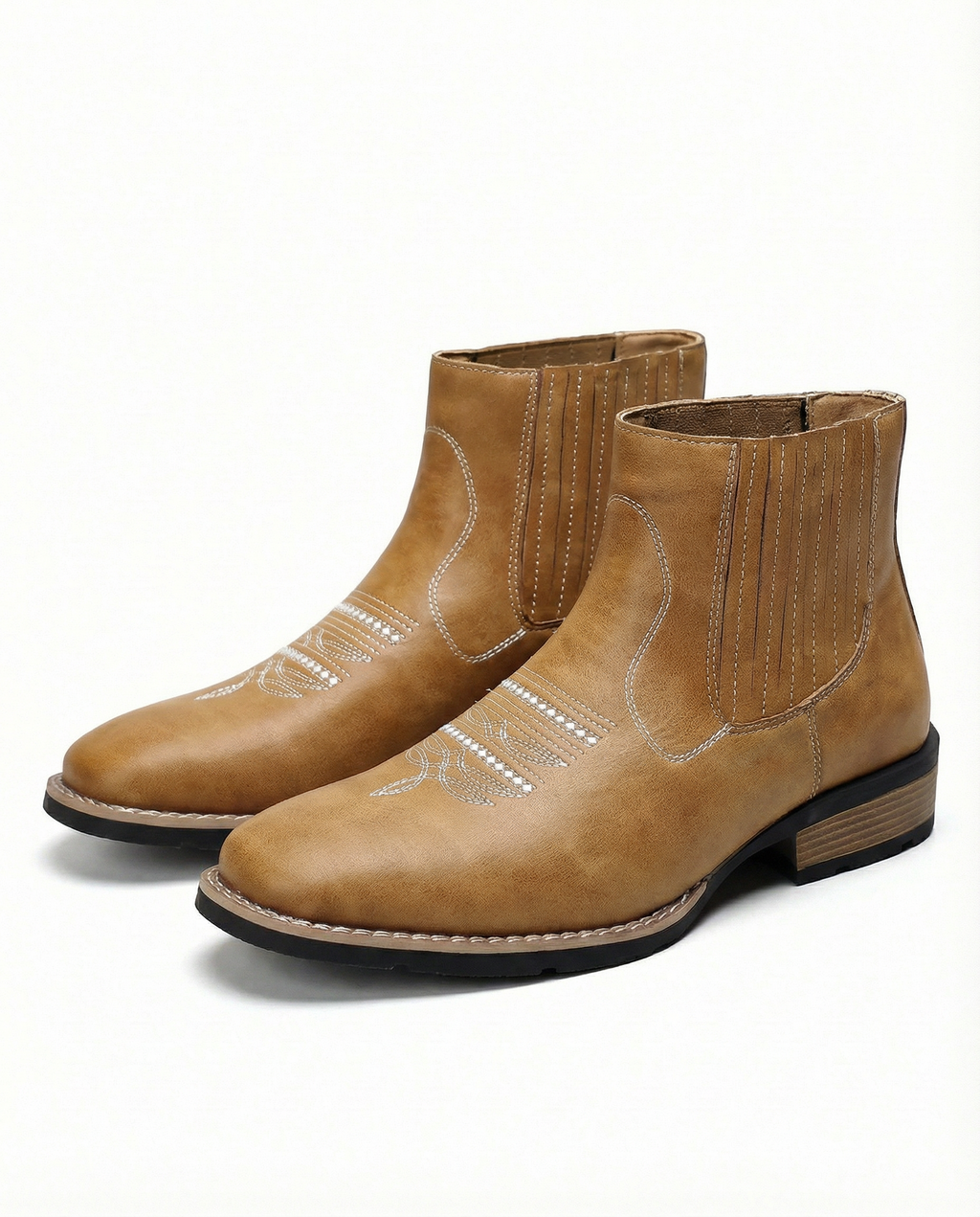 Leather Chelsea Boots with Western Stitching and Stacked Heel