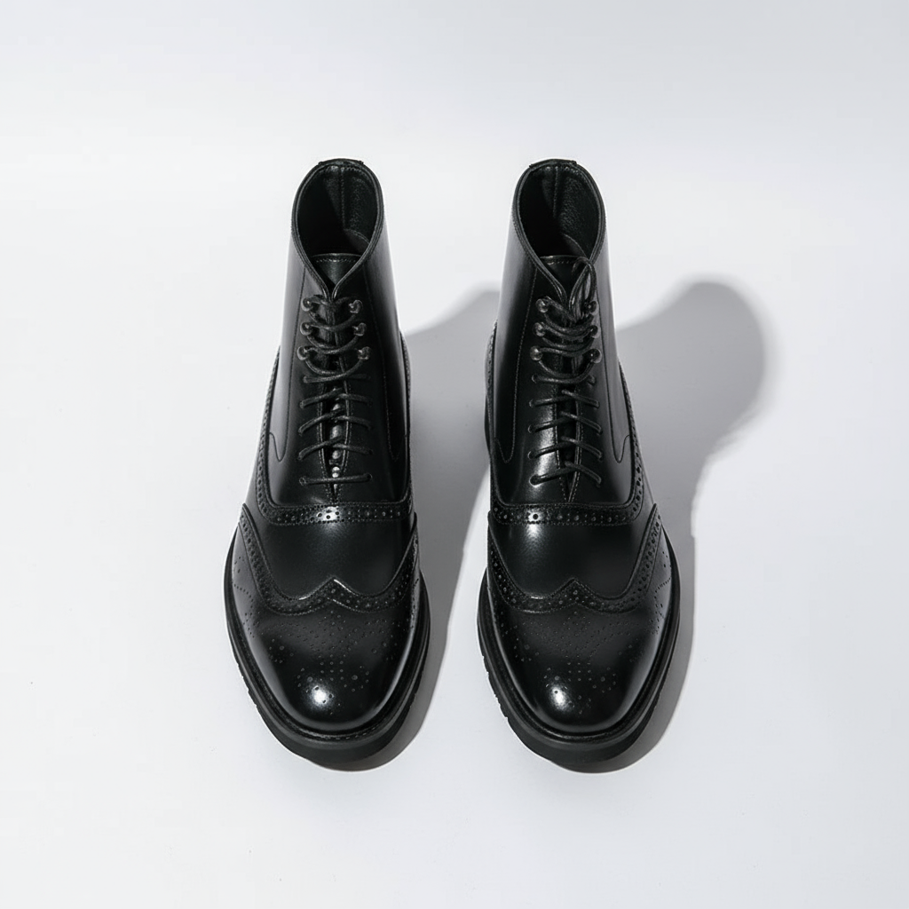 Full-Grain Leather Brogue Boots with Rubber Sole