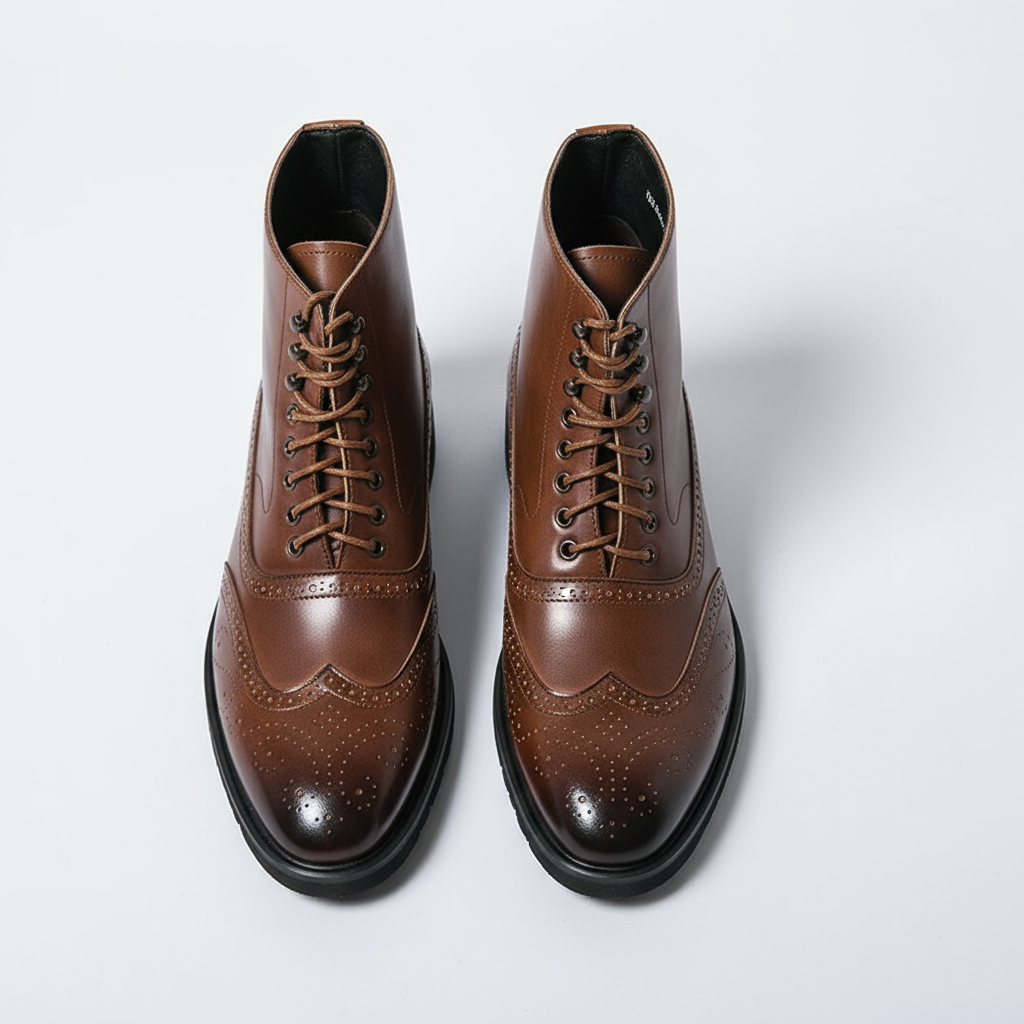 Full-Grain Leather Brogue Boots with Rubber Sole