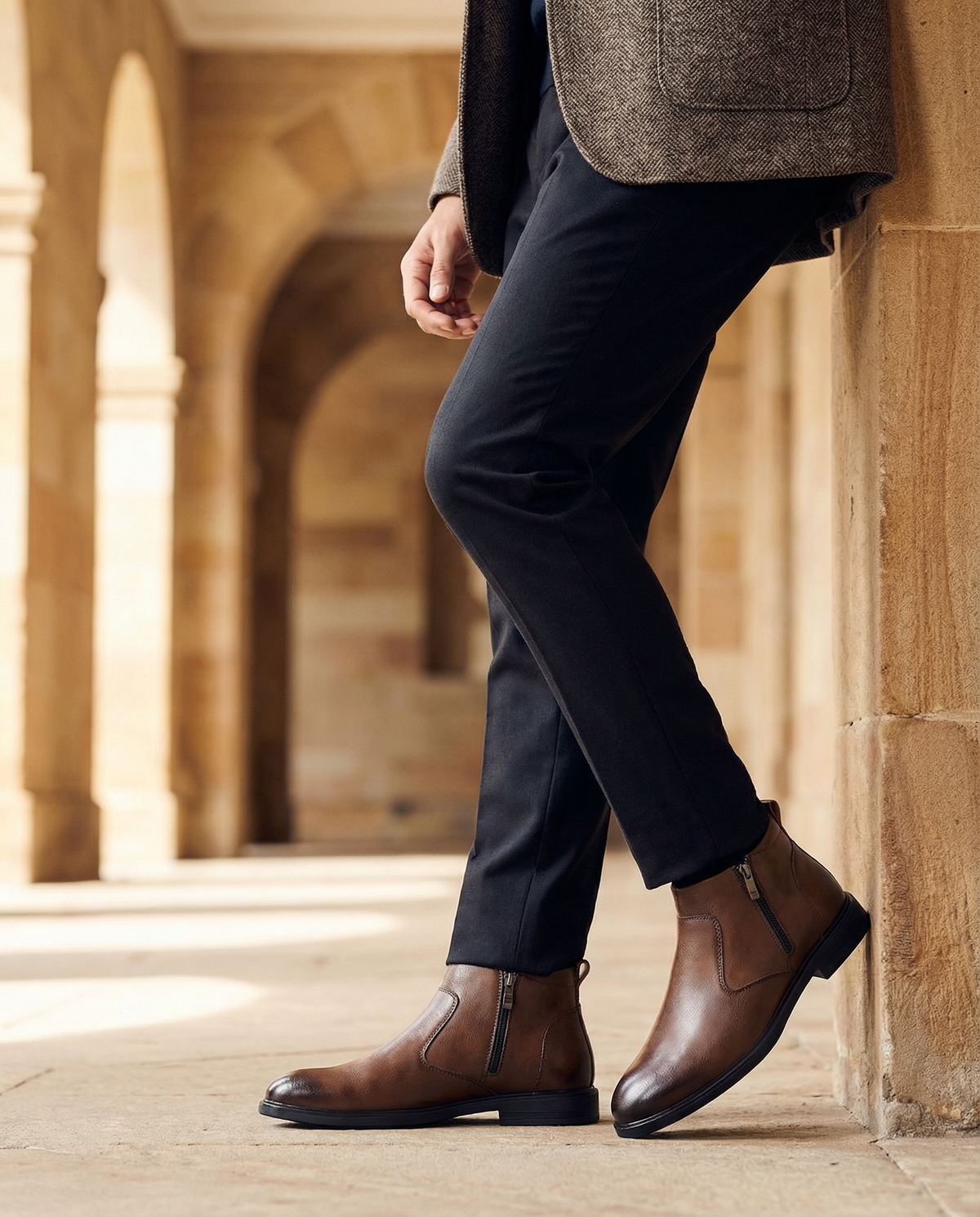 Cowhide Leather Chelsea Boots with Side Zipper