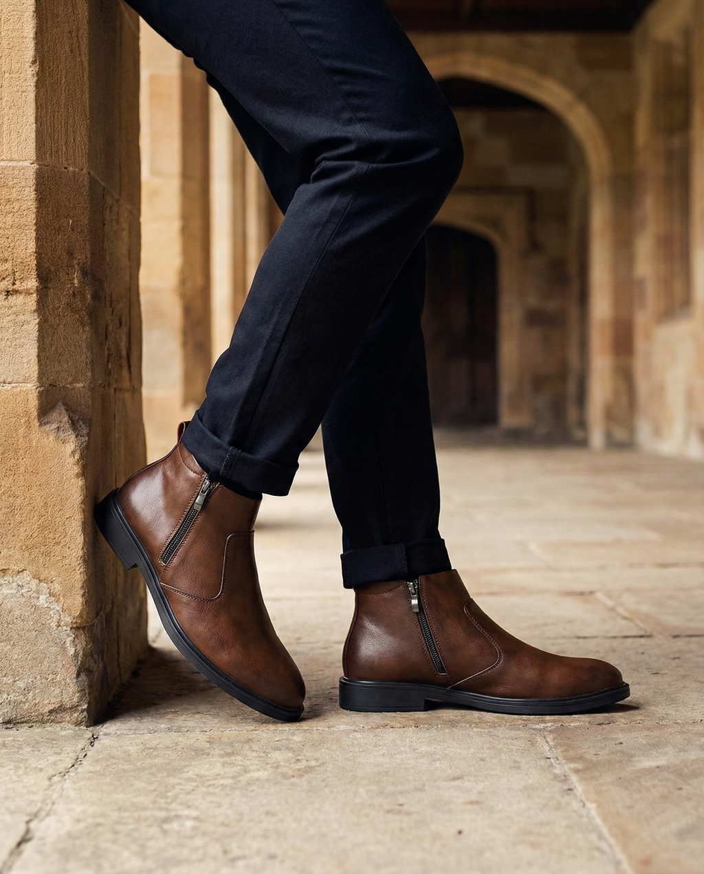 Top-Grain Leather Boots with Side Zipper