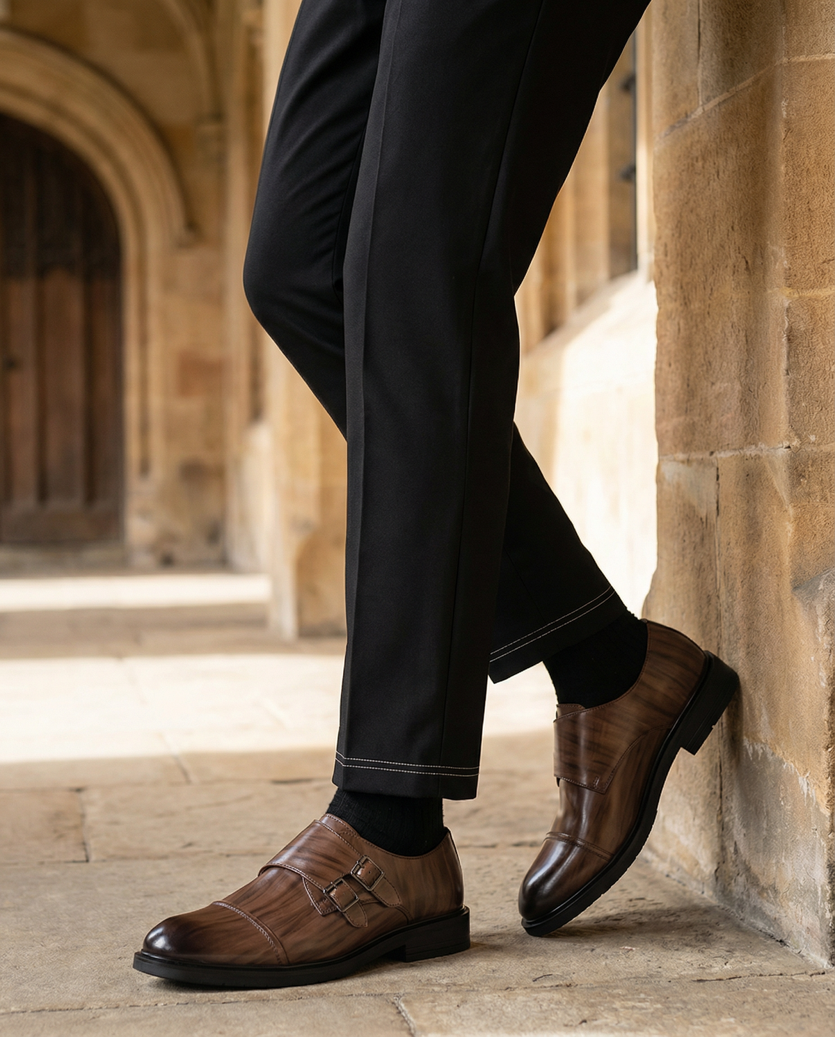 Leather Monk Strap Shoes with Double Buckle Strap