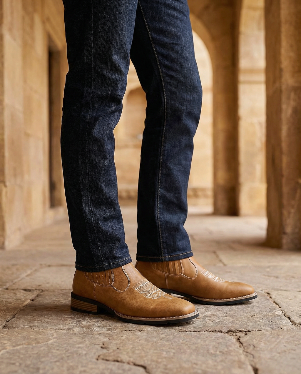 Leather Chelsea Boots with Western Stitching and Stacked Heel