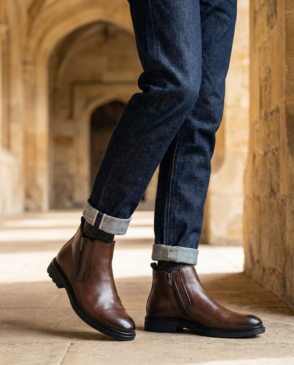 Leather Boots with Side Zipper and Patina Finish