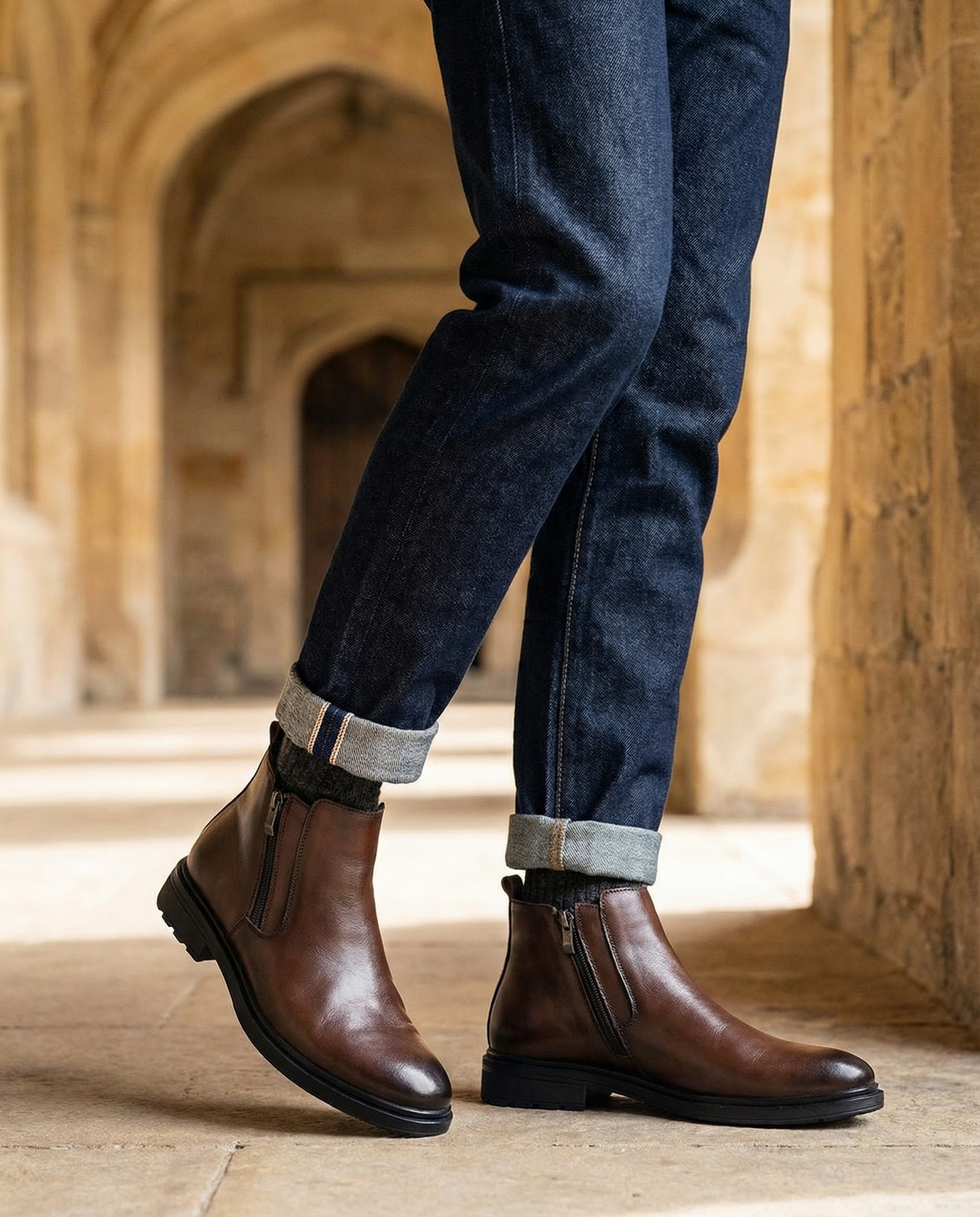 Leather Boots with Side Zipper and Patina Finish