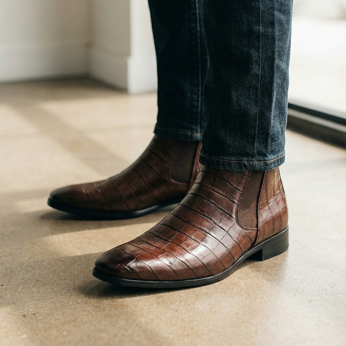Polished Leather Chelsea Boots with Embossed Texture