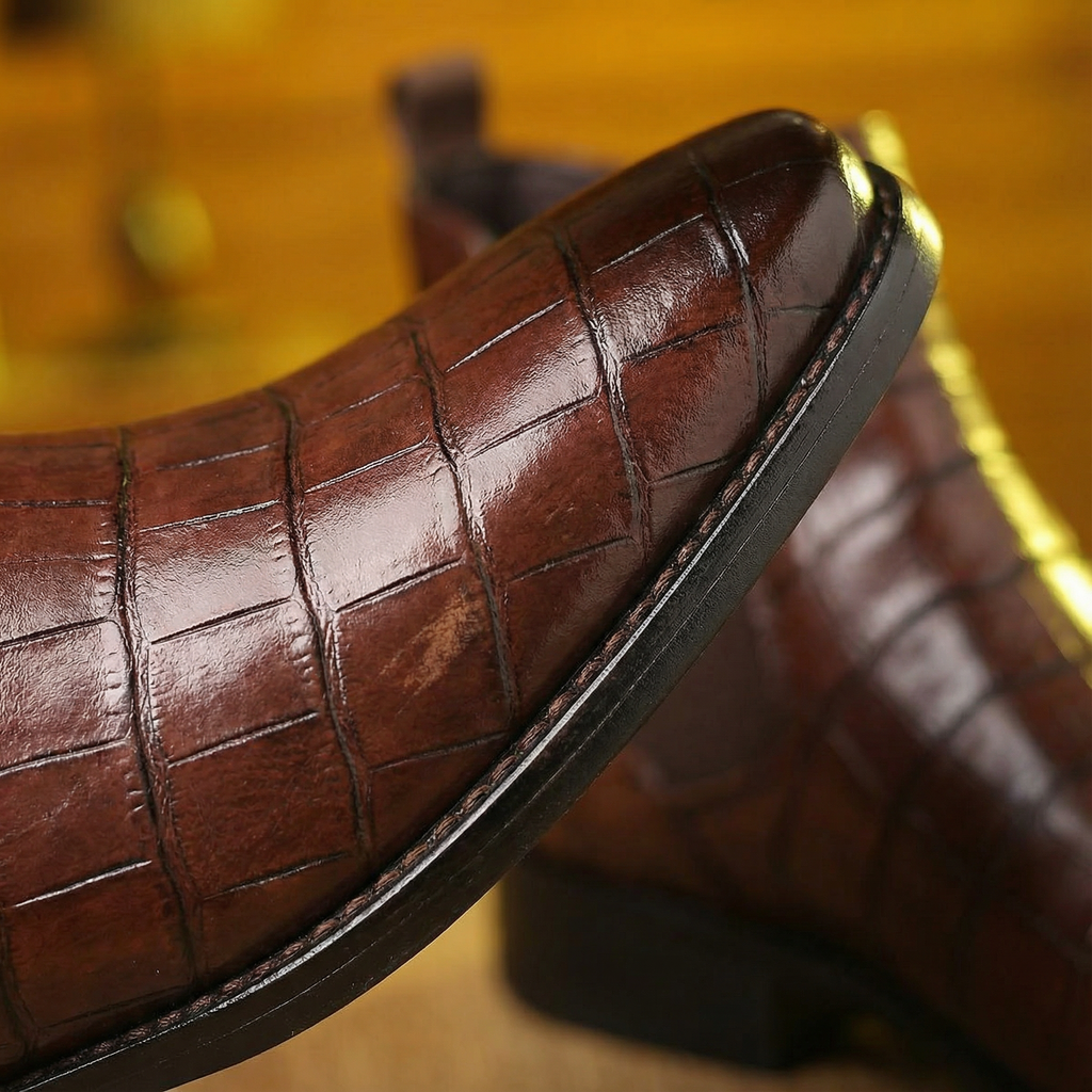 Polished Leather Chelsea Boots with Embossed Texture