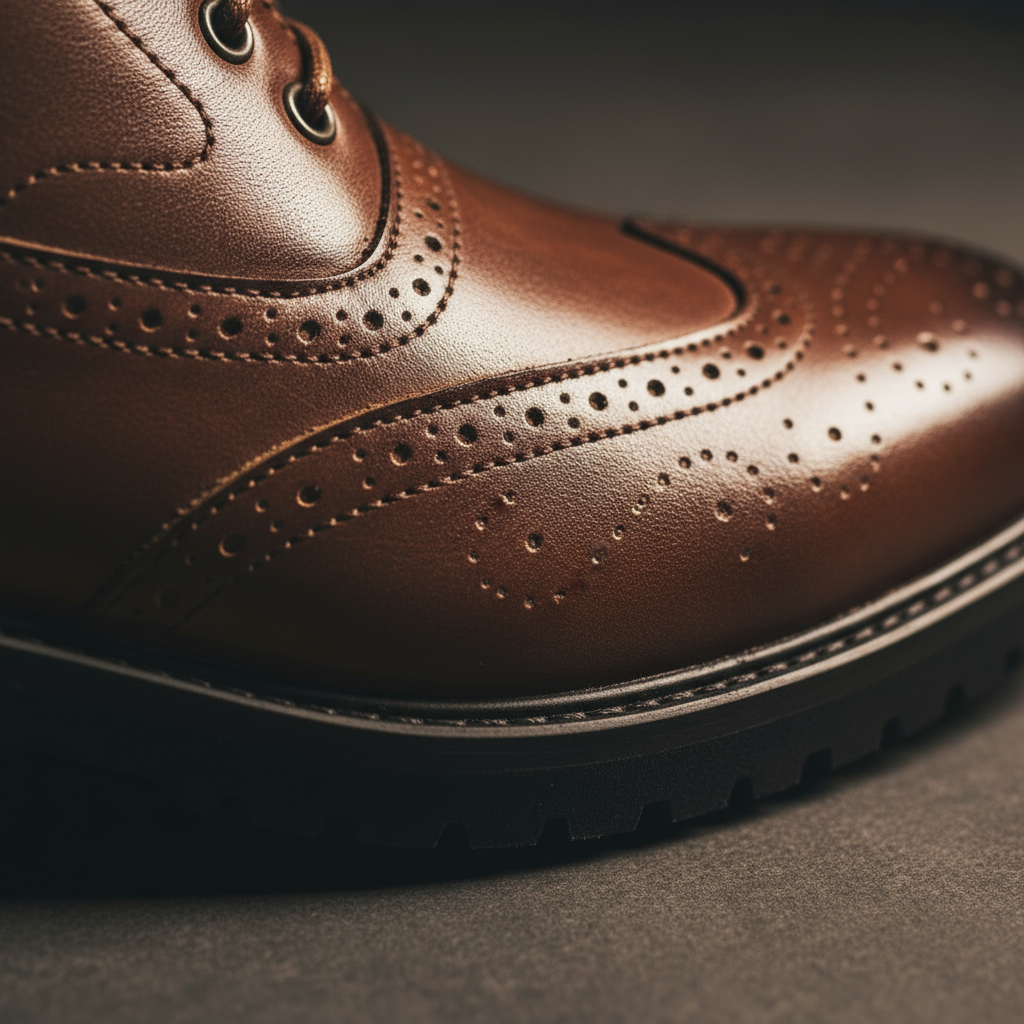 Full-Grain Leather Brogue Boots with Rubber Sole
