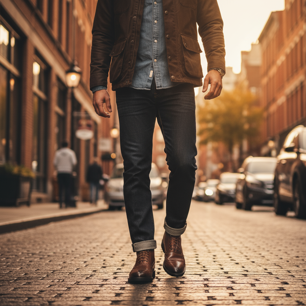 Full-Grain Leather Brogue Boots with Rubber Sole