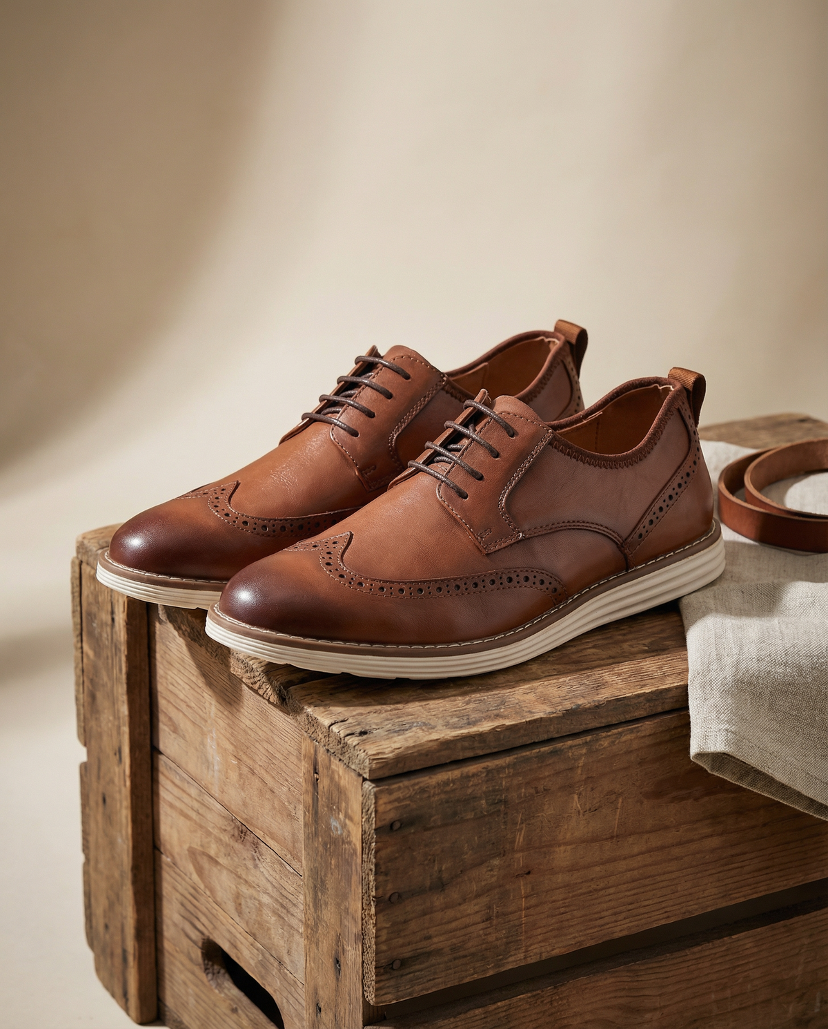 Leather Brogue Shoes with Wingtip Detail and Cushioned Sole