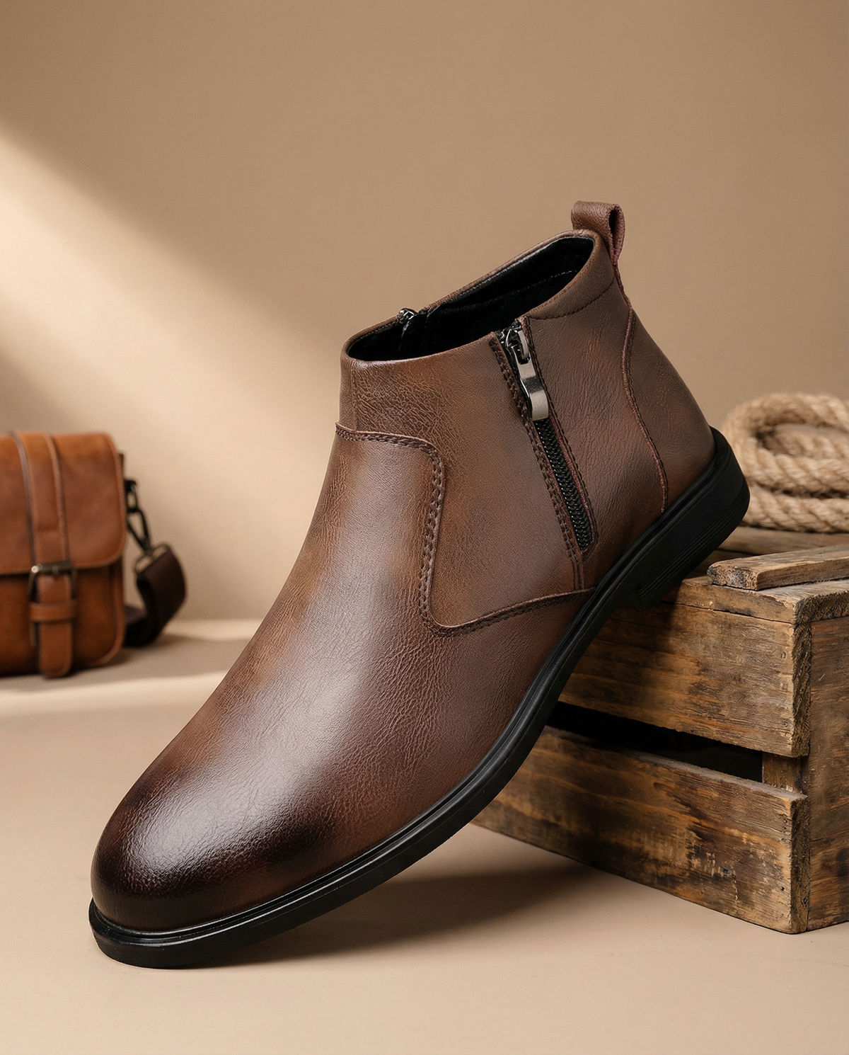 Cowhide Leather Chelsea Boots with Side Zipper