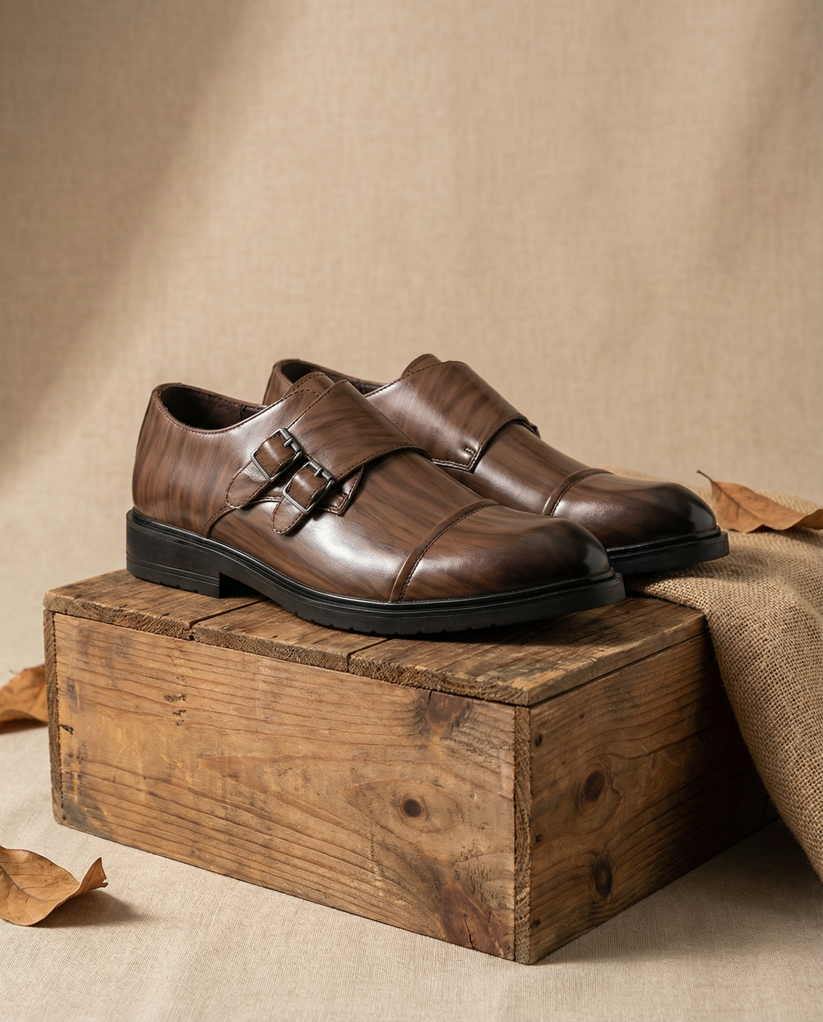 Leather Monk Strap Shoes with Double Buckle Strap
