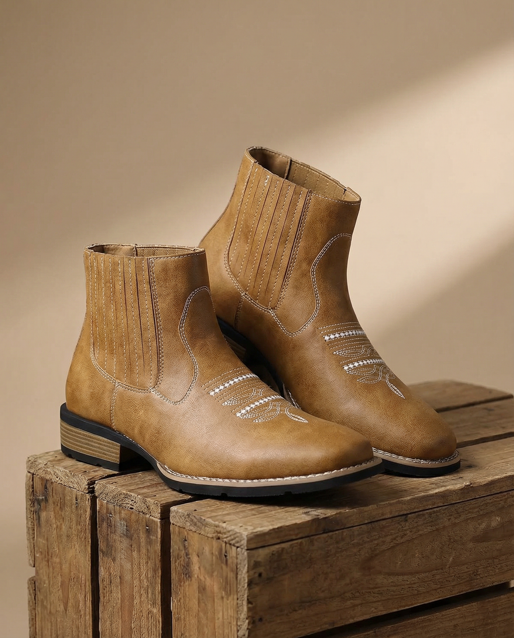 Leather Chelsea Boots with Western Stitching and Stacked Heel