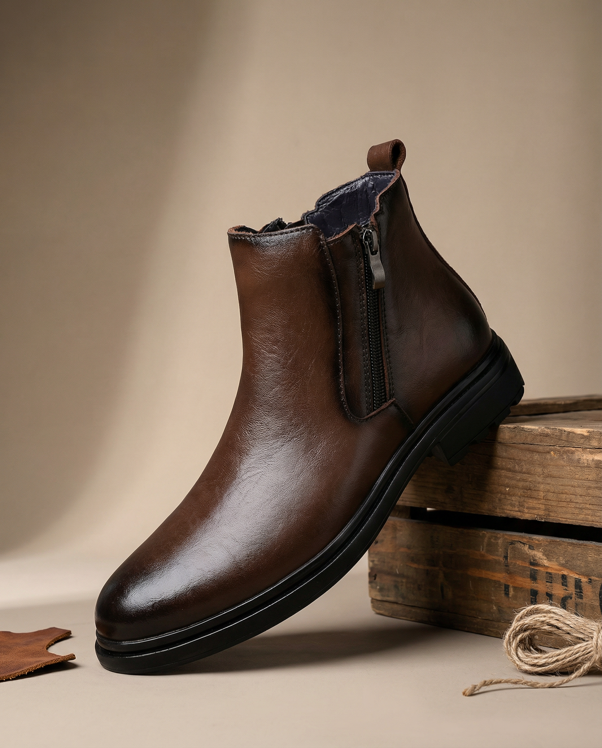 Leather Boots with Side Zipper and Patina Finish