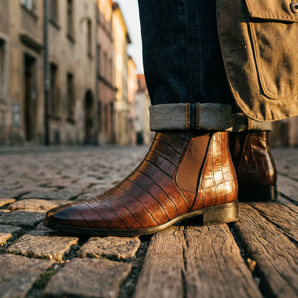 Polished Leather Chelsea Boots with Embossed Texture