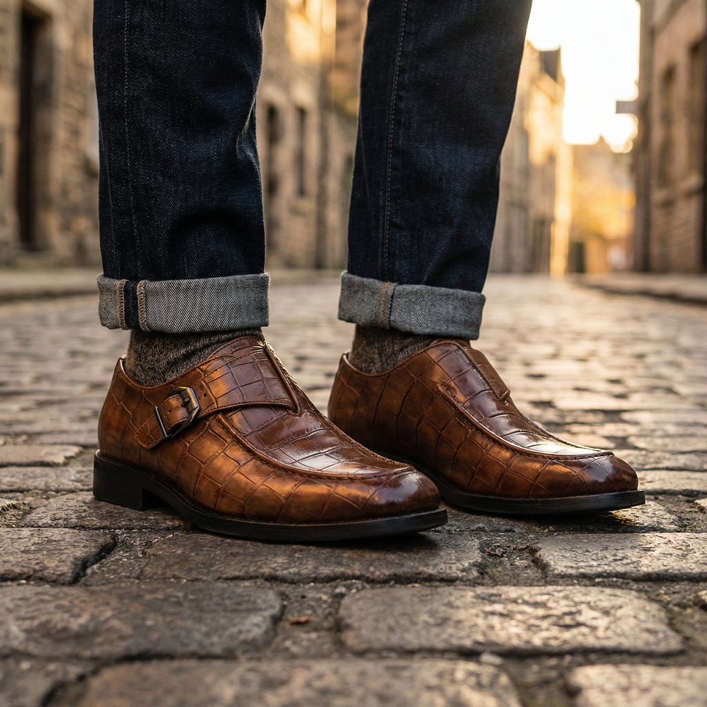 Leather Loafers with Croc-Embossed Texture