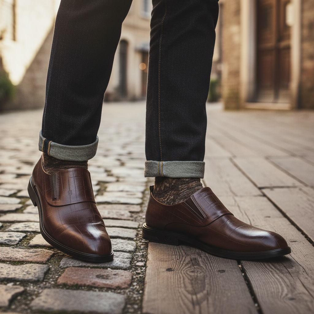 Full-Grain Leather Slip-On Shoes with Embossed Texture